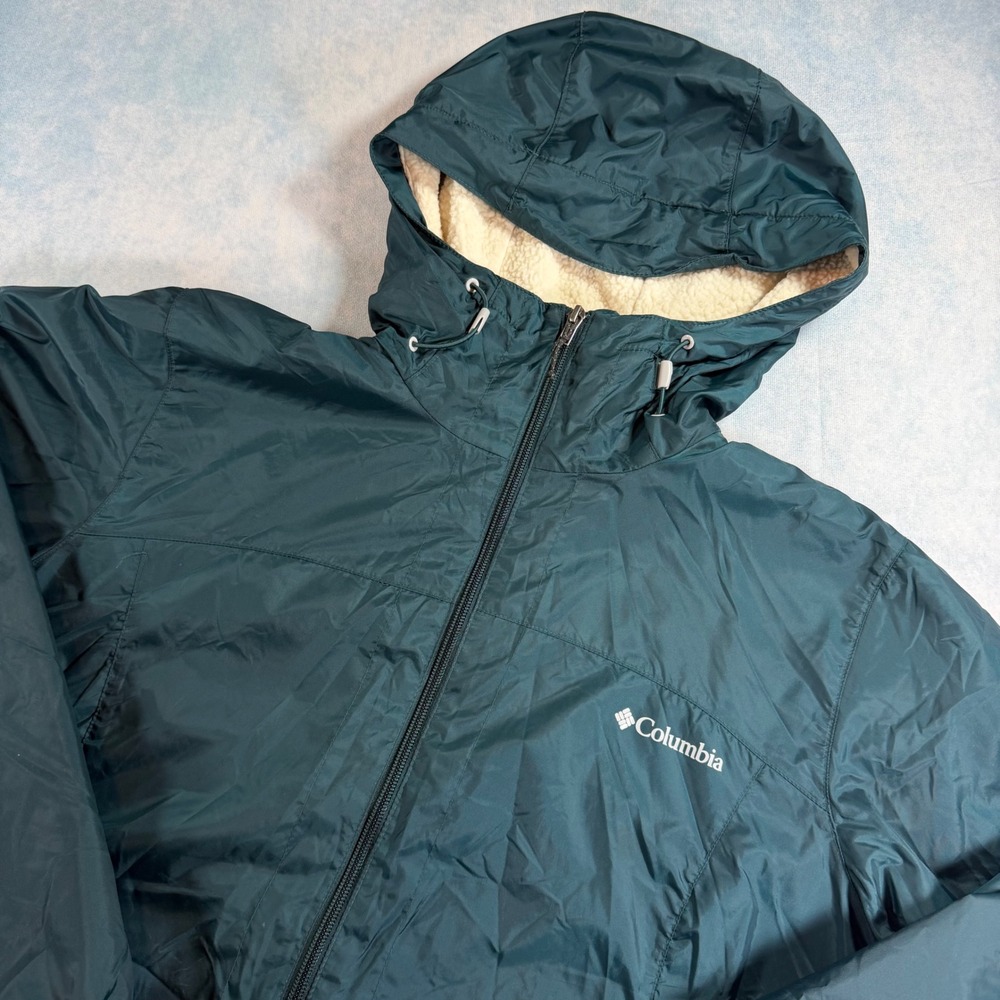 Columbia Hooded Jacket Womens L Teal Good Sherpa Lined Insulated XL0631